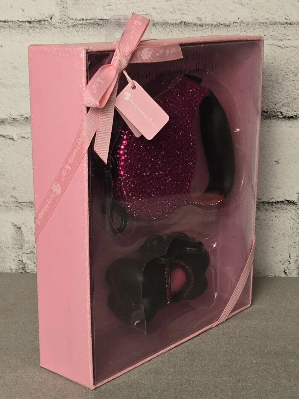 Furry Friends Pink Rhinestone Retractable Dog Leash Waste Bag Dispenser Set